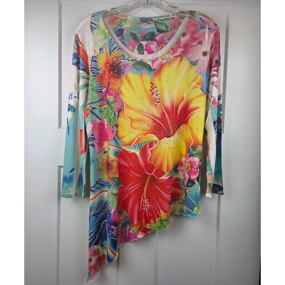 Pretty Woman Vibrant Floral Rhinestone Asymmetrical Hem Top Womens L Made in USA